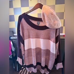 NY & Co StripedSweater - Burgundy and Pink w/Pink Beret
